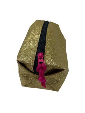 Gold Glitter Pencil Case With Black Zipper & Pink Pull Tab 8.5"x3"x2.5" 26j